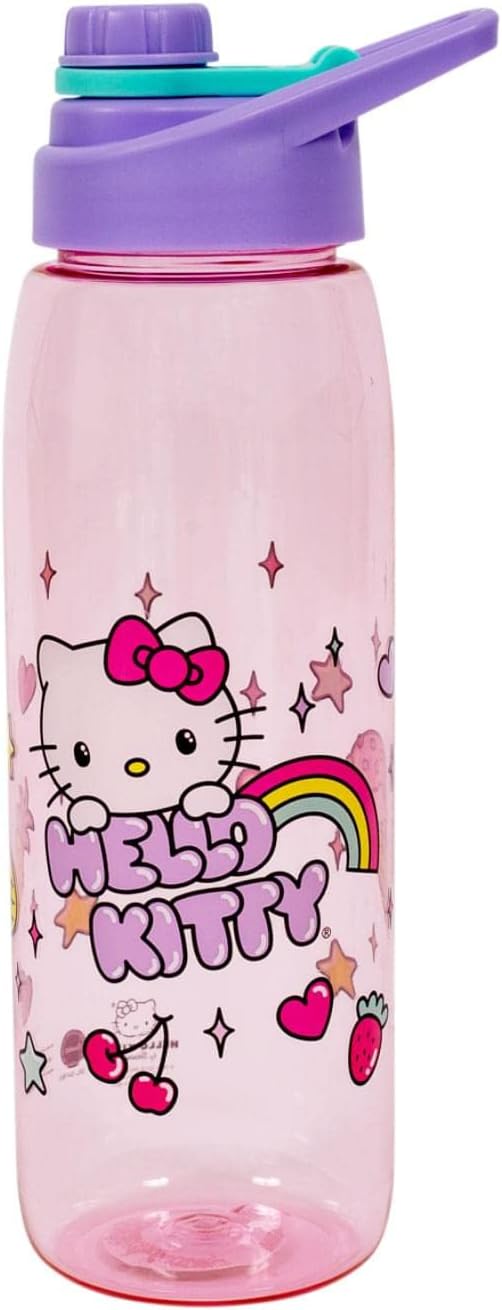 Sanrio Hello Kitty Rainbow Treats and Stars 28-Ounce Water Bottle with Lid | BPA-Free Plastic Sports Jug With Leakproof Screw-Top Lid | Hydration For Outdoor Activities, Gym Fitness | Cute Gifts