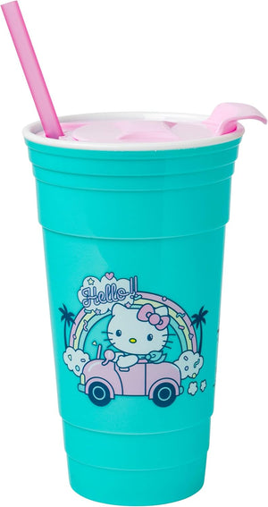 Silver Buffalo Hello Kitty Rainbow Car Plastic Tumbler with Lid and Straw, 32-Ounce