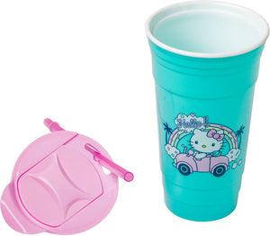 Silver Buffalo Hello Kitty Rainbow Car Plastic Tumbler with Lid and Straw, 32-Ounce