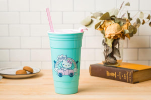 Silver Buffalo Hello Kitty Rainbow Car Plastic Tumbler with Lid and Straw, 32-Ounce