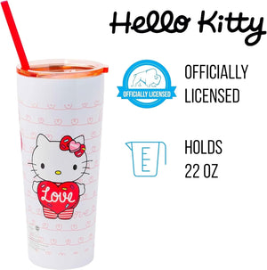 Silver Buffalo Hello Kitty Heart Balloons Double Walled Stainless Steel Tumbler with Straw, 22 Ounces