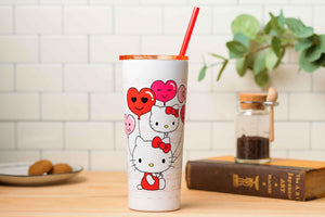 Silver Buffalo Hello Kitty Heart Balloons Double Walled Stainless Steel Tumbler with Straw, 22 Ounces